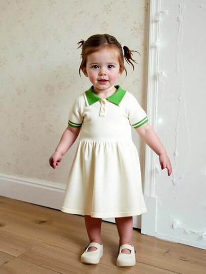 Baby Girls' Colorblock Polo Collar Short Sleeve Casual Knit Dress