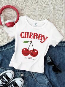3 件套休闲度假，度假氛围，复古迷你樱桃海滩印花，多巴胺颜色，奶油黄色，奶油白色，青少年女孩休闲修身圆领短袖高腰短款常规 T 恤，适合夏季 - 彩色 - 查看 3