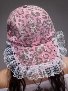 ROMWE Kawaii 1pc Women's Leopard Print Rhinestone Star YK2 Baseball Cap - Pink - View 2