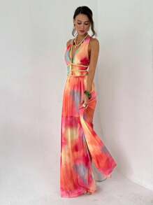 Aloruh 女式深V领扎染印花无袖连衣裙 - 粉色 - 查看 7