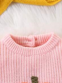 SHEIN Suéteres de cuello redondo de manga larga para niñas, naranja, beige, blanco, naranja, calabaza, caramelo, marrón, cómodos para otoño/invierno. Diseños bordados de línea, dibujos animados, calabaza, adecuados para Halloween, Navidad, festivales, lindos, casuales, versátiles, adecuados para uso diario, interior, exterior, viajes - Rosa Pálido - Ver 3