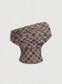 SHEIN MOD 大码女式双面格子短款上衣，百搭复古风格 - 彩色 - 查看 6