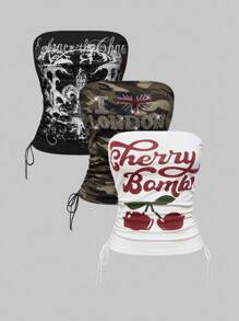 ROMWE 3 chiếc áo hai dây ngắn in khẩu hiệu Y2K Babe đính đá và chữ thập anh đào có dây rút ở eo - Nhiều màu - Xem 1