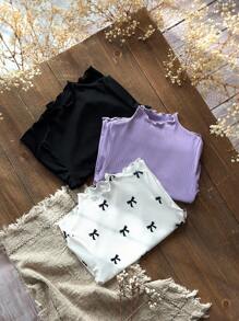 Emery Rose Kids Emery Rose Kids 3件套少女纯色蝴蝶结装饰波浪下摆立领T恤套装 - 彩色 - 查看 5