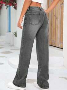 SHEIN Tall Quần Jeans Denim Dáng Rộng, Dáng Rộng, Thường Ngày, Đa Năng, Có Túi Cho Nữ - Xám - Xem 2
