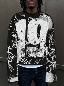 Manfinity Dauomo Sudadera holgada de cuello redondo con estampado numérico para hombre, estilo Y2K, otoño - Negro - Ver 3