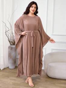 Al Najma 大码女式优雅纯色蝙蝠袖阿拉伯风格连衣裙 - 卡其色 - 查看 2