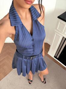 Chiquease Women's Striped Button Waist Belt Pleated Hem Casual Halter Neck Dress Summer Dress Clothes For University - Navy Blue - View 1