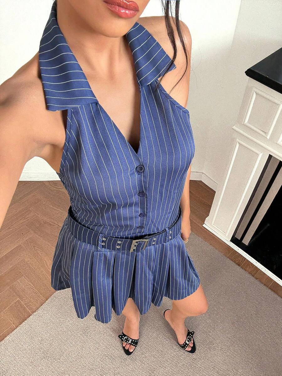 Chiquease Women's Striped Button Waist Belt Pleated Hem Casual Halter Neck Dress Summer Dress Clothes For University - Navy Blue - View 1
