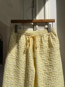 SHEIN EZwear 黄色抽绳腰休闲百搭女裤 - 黃色 - 查看 6