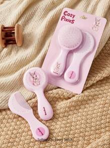 Cozy Pixies 2pcs Baby Newborn Care Tool Set, Pink Rabbit Pattern Pastoral Style Brush & Comb - Pink - View 2