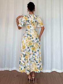 Chiquease 优雅荷叶边V领开衩印花连衣裙，春夏大学校园连衣裙 - 黃色 - 查看 2