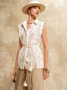 Aveloria Blusa sin mangas de estilo elegante y retro con flores tridimensionales de encaje hidrosoluble, de hombros anchos, al estilo del dinero antiguo para vacaciones - Albaricoque - Ver 2