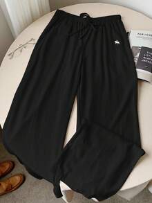 Comfortcana Quần ống rộng lưng rút thêu dệt màu đen cho nữ - màu đen - Xem 5