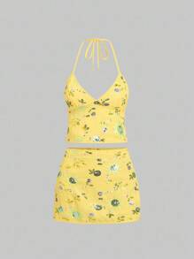 SHEIN Unity 棕色亮片刺绣性感V领露背吊带背心，棕色亮片性感低腰迷你裙，女式两件套，适合春夏秋季 - 淡黃色 - 查看 1