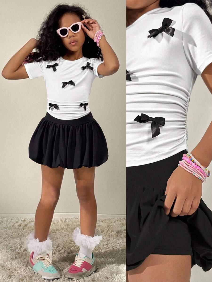 Coolane Kids Tween Girls Summer, 2-Piece Set, White Top With Black Bow + Black Bubble Skirt ,Back To School,Homecoming - Black and White - View 1