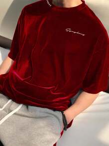 Claim Dot 男士休闲字母印花短袖T恤，秋季 - 酒紅色 - 查看 1