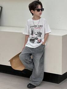 Dazy Kids 男童宽松直筒休闲牛仔裤，秋季童装 - 灰色 - 查看 5