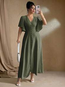 Elenzga Plus Size Women Summer Elegant Brown Tea Party Gym Vacation Wedding Guest Maxi Dress French Bohemian V-Neck Button Front A-Line Split Flared Sleeve - Army Green - View 8