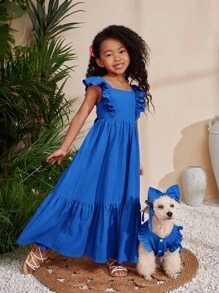 Young Girl Vacation Casual Fashion Woven Solid Color Open Back Sundress - Dark Wash - View 6