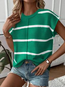 SHEIN LUNE 女士休闲宽松圆领插肩无袖针织背心，时尚条纹拼布套头毛衣背心，秋冬 - 綠色 - 查看 3