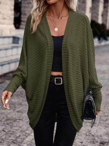 SHEIN Frenchy Women's Solid Color Bat Wing Casual Open Front Long Sleeve Jacket In Fall/Winter Green Casual Green Christmas Spring - Dark Green - View 5