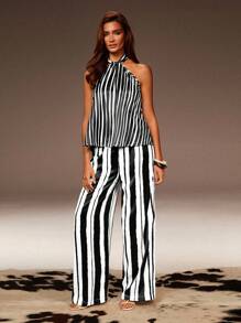 Athîral Women's Striped Loose Halter Top And Pants Casual 2 Pieces Set - Multicolor - View 3