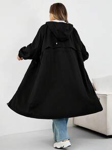 SHEIN CURVE+ Áo khoác trùm đầu dài tay raglan màu trơn cỡ lớn dành cho nữ, dáng rộng, có dây rút, eo cao, thường ngày, mùa đông/thu/đông - màu đen - Xem 2