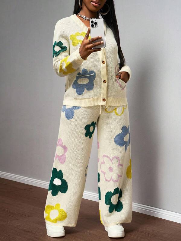 Slaydiva 2025 New Autumn And Winter New Year Holiday Casual Simple Floral Pattern V-Neck Long-Sleeved Cardigan + Wide-Leg Pants  Christmas Sweater Women Autumn Winter   Christmas Clothes