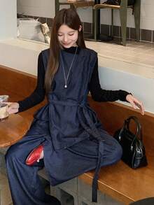 DAZY 女士日式无袖衬衫和宽松牛仔裤两件套，春秋 - 藍色 - 查看 2