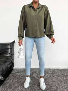 EURMUSE Cotton Solid Drop Shoulder Oversized Shirt - Army Green - View 5