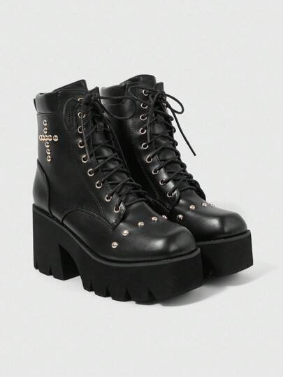 Grunge Punk Botas góticas de puntera cuadrada y tacón grueso, botas de tacón alto de piel de PU negras adecuadas para fiesta, uso diario, vestido de noche, que aumentan la altura y alargan las piernas