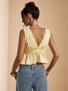 SHEIN BAE 黄色缎面蕾丝拼布吊带背心，适合度假、海滩、音乐节、早午餐、婚礼嘉宾、伴娘、春夏季
