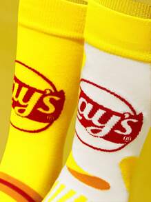 Lay's X SHEIN 2 双柔软透气吸湿排汗休闲女士中筒袜时尚薯片黄色中筒袜加固脚趾和脚跟，经久耐用男女通用四季百搭夏冬 - 彩色 - 查看 12