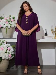 Al Najma 大码女式春秋翻领金属铆钉喇叭袖连衣裙 - 紫色 - 查看 5
