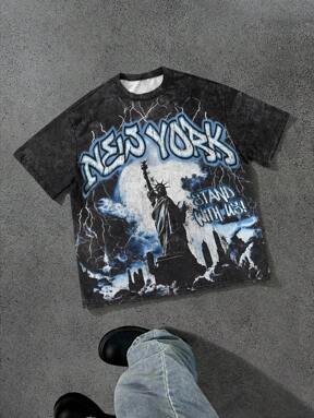 Manfinity Streetrush Men's Summer Letter Print Round Neck Short Sleeve Casual T-Shirt New York Graphic Tee Statue Of Liberty Tee Graffiti Tee Men