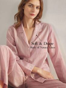 Ocili Conjunto de pijama de lino de manga larga y pantalón largo a rayas, cómodo y suave, pijamas naturales para mujer, conjunto de ropa de estar en casa para la temporada de vacaciones, ropa de otoño - Rosa - Ver 1