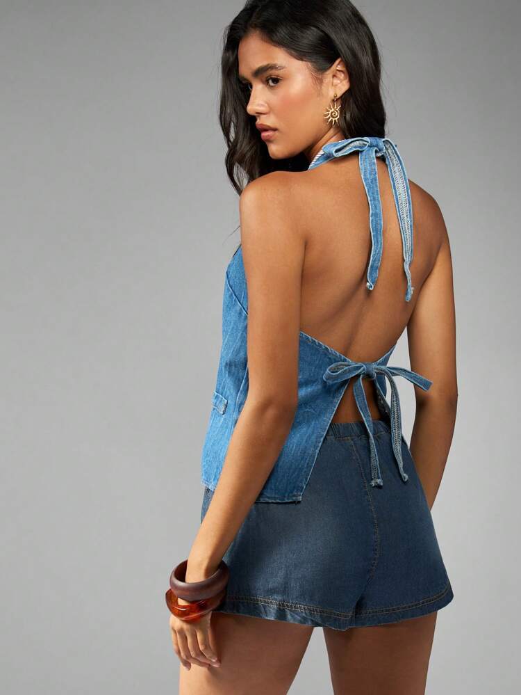 MISSGUIDED Denim Halter Vest Button Front Backless Summer Festival Streetwear Cropped Top With Sun Pendant Necklace Casual Y2K Fashion Sleeveless Design