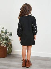 SHEIN Abito con maniche a lanterna, girocollo lavorato a maglia, decorato con perle finte, adatto a ragazze giovani