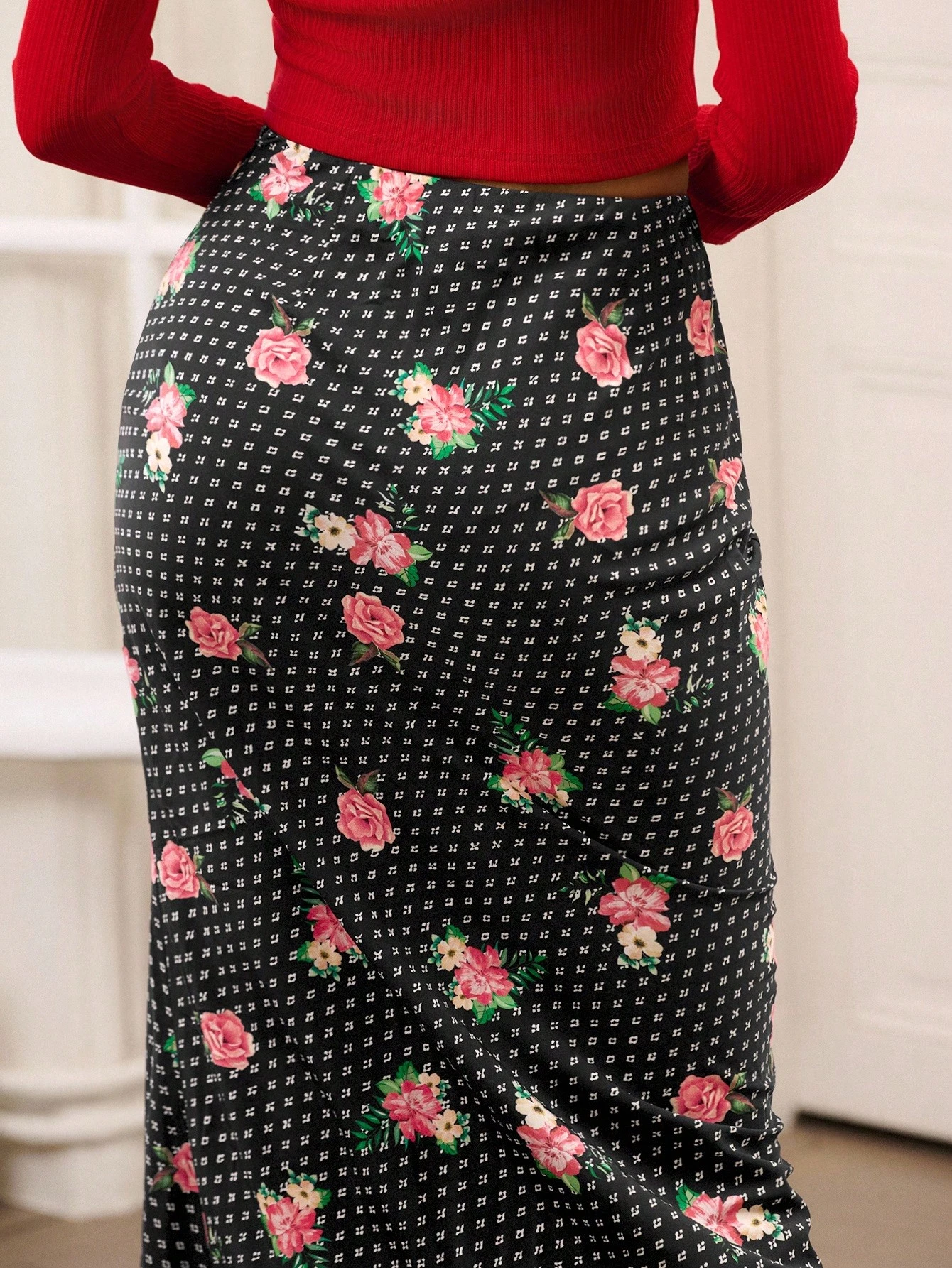 Falda larga con estampado floral y de lunares en estilo vintage, atuendos para maestras, atuendos de oficina, faldas para salir