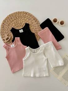 6 件装女婴休闲针织纯色背心和短裤睡衣套装（带松紧腰带） - 彩色 - 查看 5