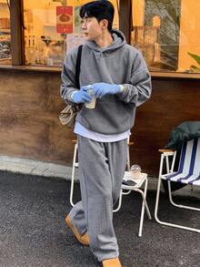 DAZY Men's Solid Gray Textured Fabric Hoodie Set, Autumn - Grey - View 5