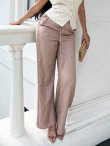 NegzBox Women's Denim Effect Linen Blend Pants With Lace Hem - Khaki - View 4