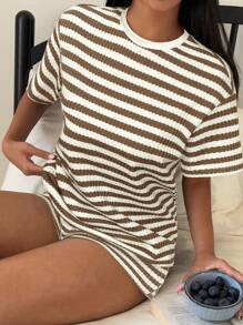 SHEIN EZwear 女士夏季条纹圆领短袖T恤和短裤宽松休闲两件套 - 卡其色 - 查看 4