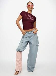 SUMWON WOMEN Áo thun crop top ôm sát phong cách cổ điển cho bé Áo thun trẻ em thời trang đường phố Y2K in họa tiết thiết yếu - Màu Đỏ Sâu - Xem 7