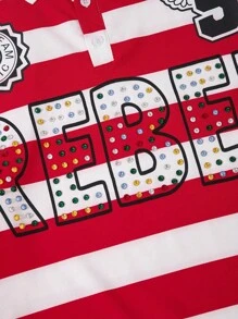 ROMWE MEN Prep 男士闪亮钻石条纹宽松长袖 Polo 衫 - 紅白色 - 查看 2