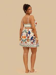 Travachic Plus Size Tropical Colorful Parrot Print Hollow Back Sleeveless Casual Summer Holiday Dress - Apricot - View 2