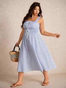 Elaquor Vestido Plus Size Casual Férias Azul e Branco Listrado com Alça na Cintura - Azul e branco - Ver 3