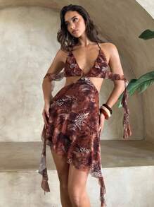 Aloruh Women's Sexy Tie Dye Butterfly Print Deep V-Neck Ruffle Hem Bodycon Mini Dress, Suitable For Spring/Summer Vacation