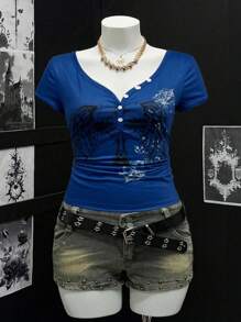 Sweetra 大码女式短袖数码印花翼形抽象半开领T恤 复古图案T恤 女式复古T恤 女式蓝色T恤 女式上衣 - 藍色 - 查看 1